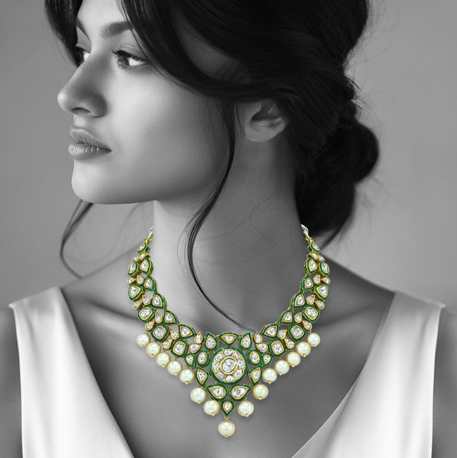 Polki Necklace with Green Enamel and Southsea Pearls